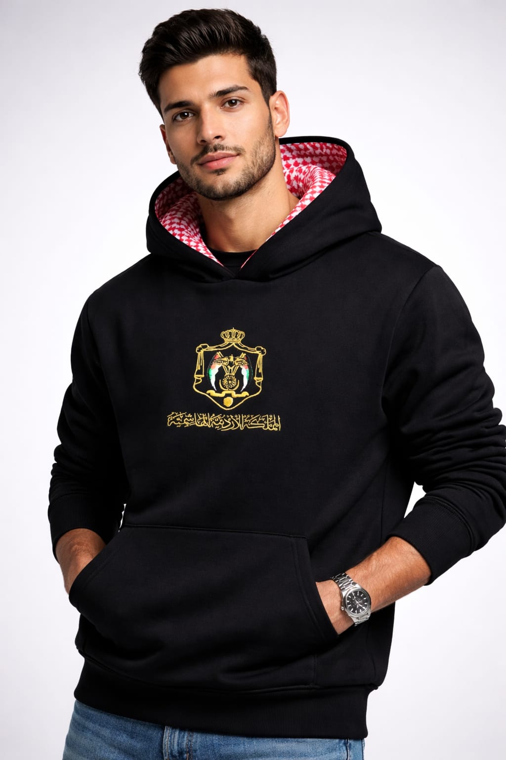 Black hoodie with gold embroidery and Jordanian keffiyeh lining