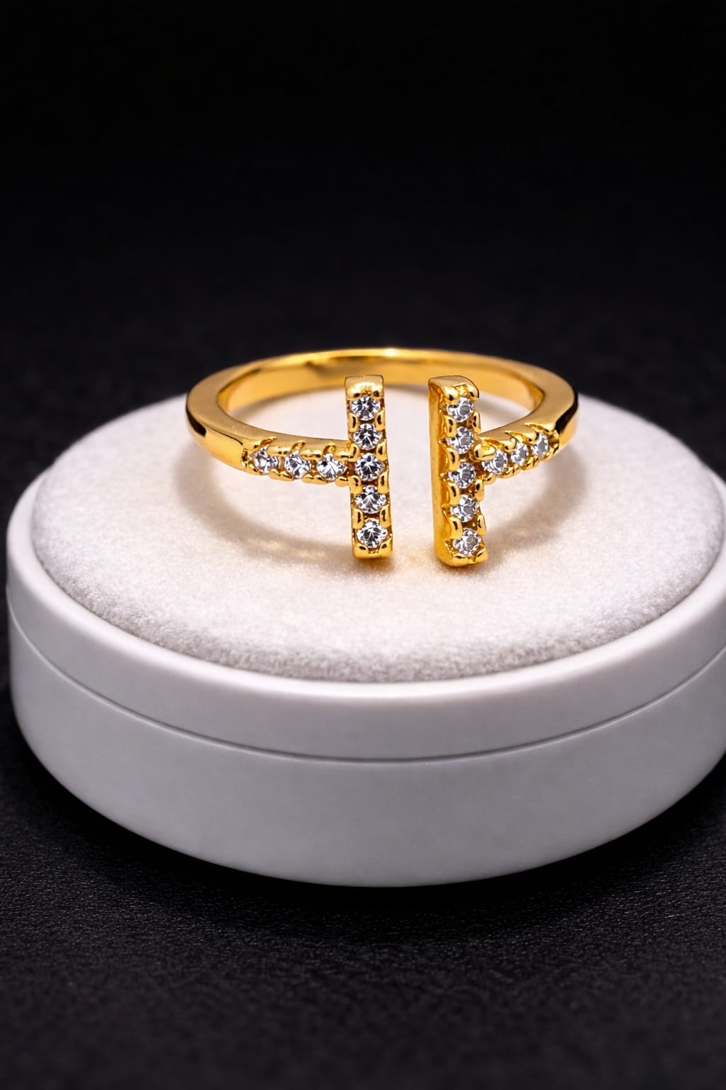 21k gold plated ring with a modern T design, studded with sparkling stones