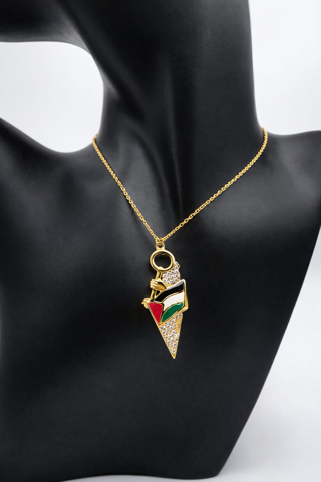 Gold Palestine map necklace in the colors of the flag
