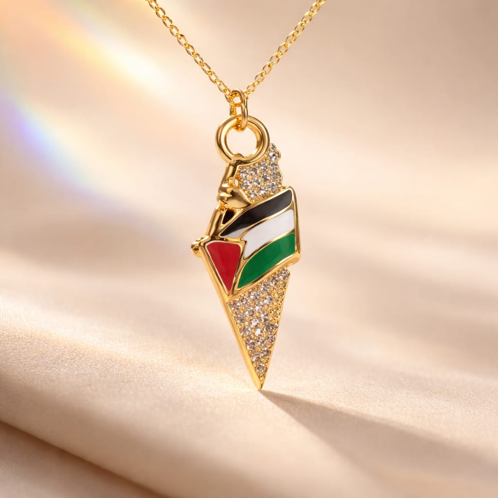Gold Palestine map necklace in the colors of the flag