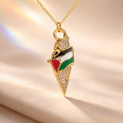 Gold Palestine map necklace in the colors of the flag