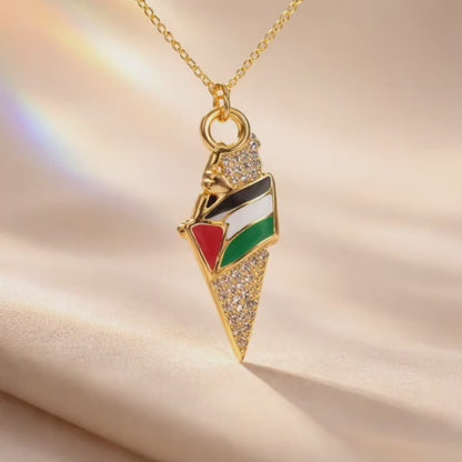 Gold Palestine map necklace in the colors of the flag